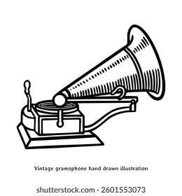Gramophone hand drawn illustration in vintage engraving style. Vintage retro gramophone drawing