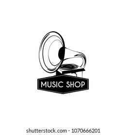 Gramophone icon. Music shop logo. Music store label emblem. Musical device. Vector