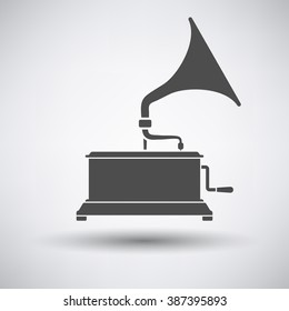 Gramophone icon on gray background with round shadow. Vector illustration.