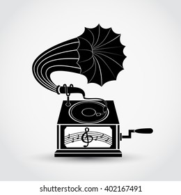 Gramophone icon on gray background with shadow. Vector illustration.