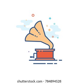 Gramophone icon in outlined flat color style. Vector illustration.