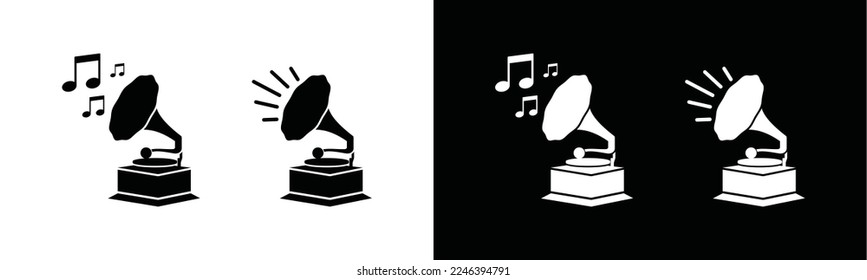 Icono de gramófono. gramófono retro con símbolo de icono de la música con notas. Signo de instrumento de gramófono. Reproductor de audio antiguo para aplicaciones y sitios web, ilustración vectorial