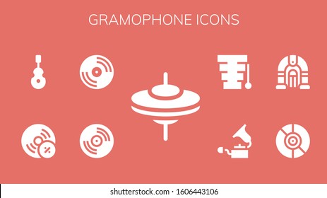 gramophone icon set. 9 filled gramophone icons.  Simple modern icons such as: Cymbals, Vinyl, Vynil, Instrument, Jukebox, Gramophone, Xylophone