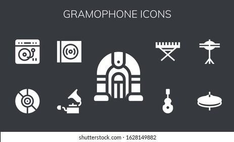 gramophone icon set. 9 filled gramophone icons.  Simple modern icons such as: Jukebox, Gramophone, Vinyl, Turntable, Cymbals, Instrument, Electric piano