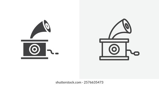 Gramophone icon set in black flat solid and outlined style.