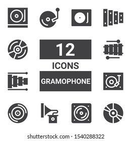 gramophone icon set. Collection of 12 filled gramophone icons included Vinyl, Gramophone, Turntable, Xylophone, Record player
