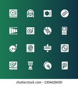 gramophone icon set. Collection of 16 filled gramophone icons included Record player, Cymbals, Djembe, Turntable, Vinyl, Record, Xylophone, Jukebox