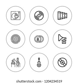 Gramophone icon set. collection of 9 outline gramophone icons with cymbals, instrument, gramophone, record, vinyl, xylophone icons. editable icons.