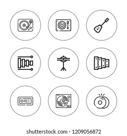 Gramophone icon set. collection of 9 outline gramophone icons with cymbals, mandolin, record, xylophone icons. editable icons.