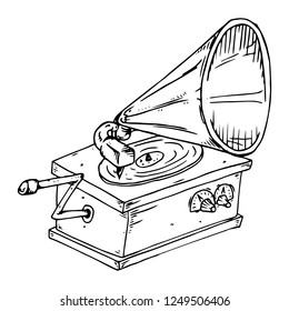 Gramophone icon. Vector illustration of a vintage old gramophone. Hand drawn gramophone.