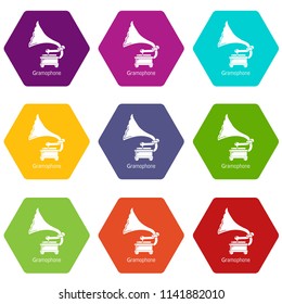 Gramophone icons 9 set coloful isolated on white for web