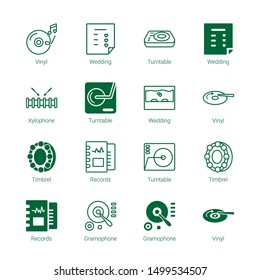 gramophone icons. Editable 16 gramophone icons. Included icons such as Vinyl, Wedding, Turntable, Xylophone, Timbrel, Records, Gramophone. gramophone trendy icons for web.