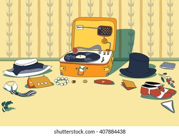 Gramophone in interior. Old vintage stuff and clothes. Rarity illustration for card. Rare music instrument. 