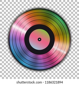 Gramophone iridescent vinyl LP record template isolated on checkered background. Vector illustration