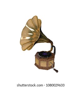 Gramophone. Isolated on white background. Vector illustration. Pointillism style.