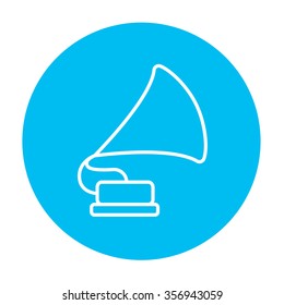 Gramophone line icon for web, mobile and infographics. Vector white icon on the light blue circle isolated on white background.