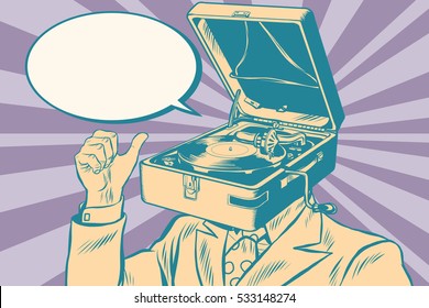 Gramophone man music playing. Old illustration. Pop art retro vector