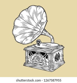 Gramophone , Monochrome Illustration Vector