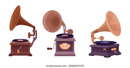 Gramophone music players. Retro nostalgic devices for listening music, antique gramophones flat vector illustration set. Old school gramophones on white