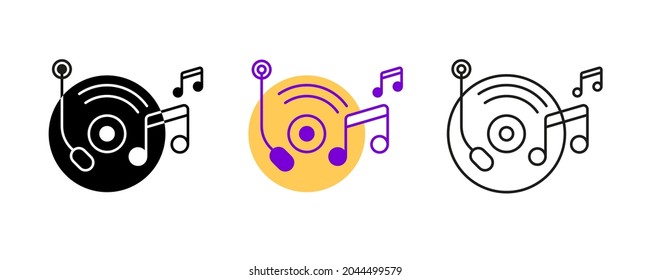 Juego de iconos de notas de gramófono y musical. Icono de entretenimiento y música. Conjunto de ilustraciones vectoriales de arte. Conjunto de filas modificable. Conjunto de iconos de silueta, coloreado y lineal.
