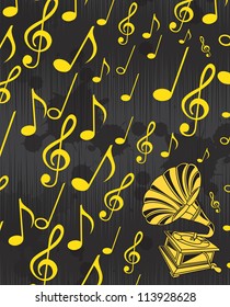 gramophone musical over yellow notes background. Vector illustration