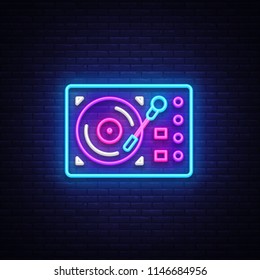 Gramophone neon signboard vector. Retro Music neon glowing symbol, Retro Style 70-80-90s Light Banner, neon icon, design element. Vector illustration