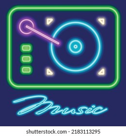Gramophone neon vector. Retro Music symbol, Retro Style Light Banner, neon elements. Blue, green, purple and white