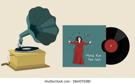 A gramophone and an old vinyl CD with a cover of "music for the soul". Vintage vector illustration.