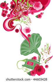 Gramophone on the floral background, vector illustration.