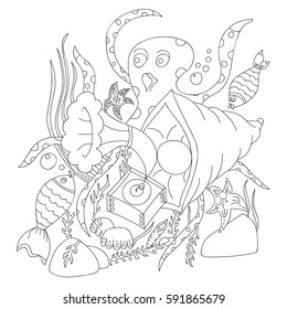 Gramophone on the seabed. Octopus and fish are listening to vinyl records. Mollusks and corals intertwine with starfish. Freehand sketch. Black outline on a white background. Coloring books.
