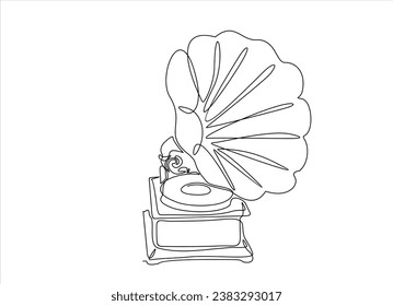 Gramophone one line art. Continuous line drawing of listen, instrument, volume, music, record, retro, vintage, vinyl, phonograph, player, studio, turntable, disc, speaker, radio, antique, sound
