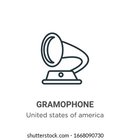 Gramophone outline vector icon. Thin line black gramophone icon, flat vector simple element illustration from editable united states concept isolated stroke on white background