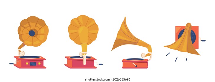 Gramophone Player Front, Back, Side and Top View. Antique Equipment for Listening Music and Vinyl Disks, Isolated Vintage Classic Audio and Sound Player. Cartoon Vector Illustration, Icons Set