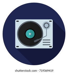 Gramophone player icon. Illustration in flat style. Round icon with long shadow.