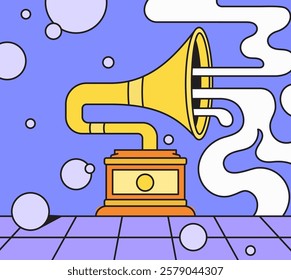 Gramophone playing music with bubbles retro cartoon illustration