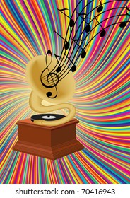 Gramophone playing music on colorful background