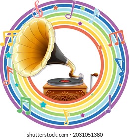 Gramophone in rainbow round frame with melody symbols illustration