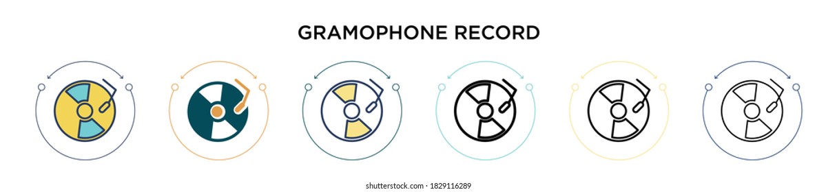 Gramophone record icon in filled, thin line, outline and stroke style. Vector illustration of two colored and black gramophone record vector icons designs can be used for mobile, ui, web