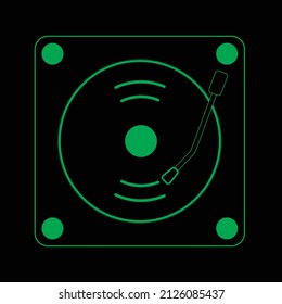 Gramophone record player glowing black green outline icon