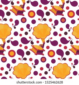 Gramophone retro flat vector seamless pattern. Vinyl player on white background. Phonograph backdrop