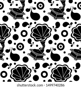 Gramophone retro silhouette seamless pattern. Black glyph old vinyl disc player on white background