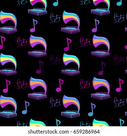 Gramophone seamless pattern on black background with colorful gradient music elements, notes. Abstract music repeated backdrop. Original sign melody wallpaper