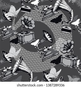 Gramophone. Seamless pattern. Suitable for fabric, wrapping paper, oilcloth and other home and designer products.