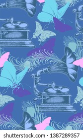 Gramophone. Seamless pattern. Suitable for fabric, wrapping paper, oilcloth and other home and designer products.