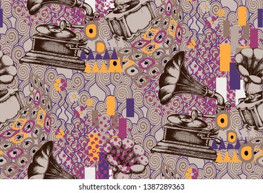 Gramophone. Seamless pattern. Suitable for fabric, wrapping paper, oilcloth and other home and designer products.