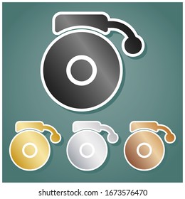 Gramophone sign. Set of metallic Icons with gray, gold, silver and bronze gradient with white contour and shadow at viridan background. Illustration.