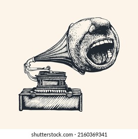 Gramophone and singing mouth. Surreal musical symbol for your design. Vector illustration