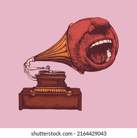 Gramophone and singing mouth. Surreal musical symbol for your design. Vector illustration