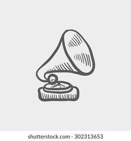 Gramophone sketch icon for web and mobile. Hand drawn vector dark grey icon on light grey background.