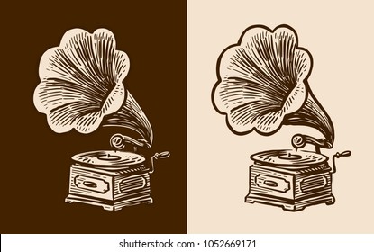 Gramophone sketch. Retro music, nostalgia. Vintage vector illustration